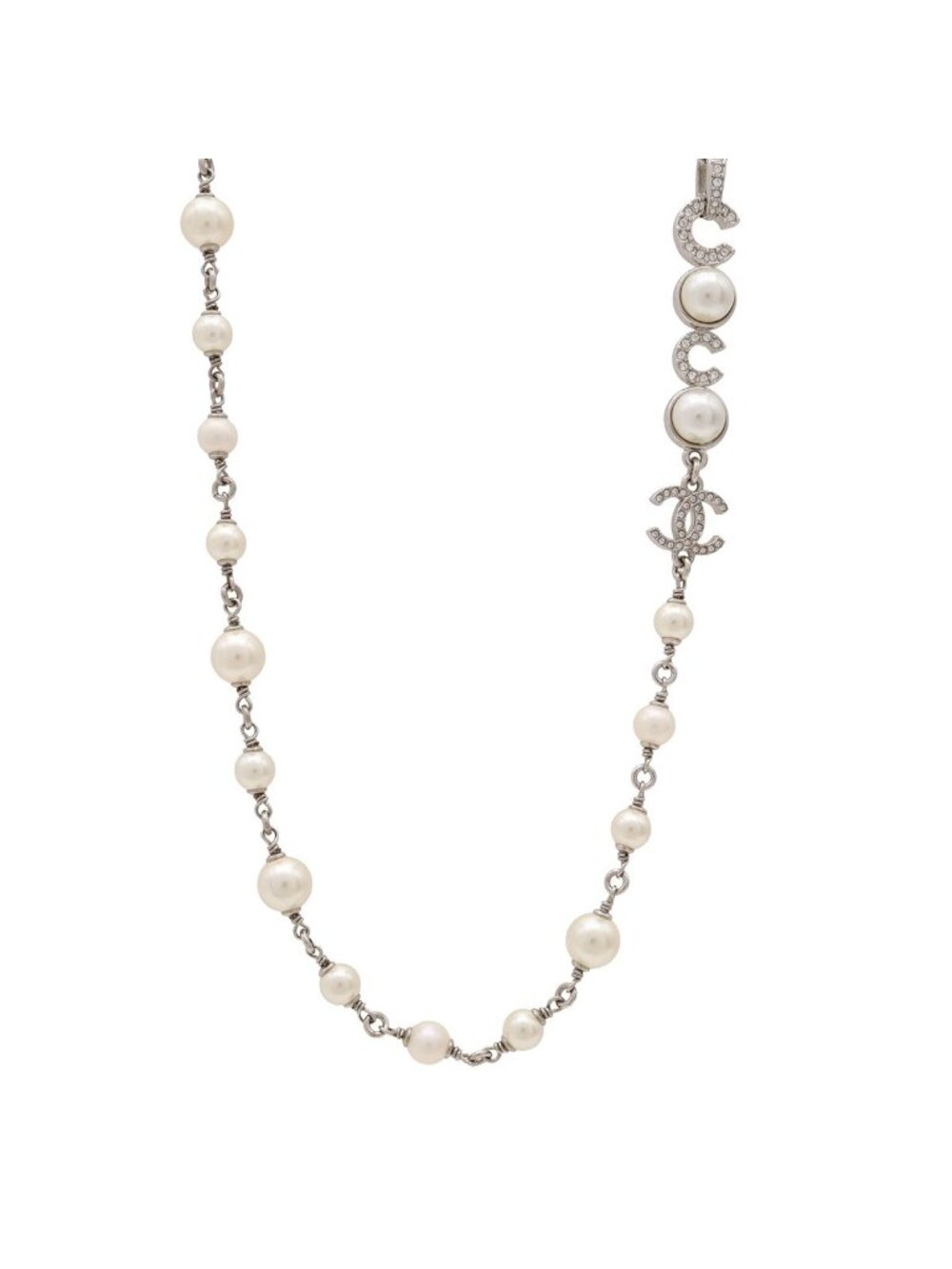 Chanel CC Logo Faux Pearl Long Pendant Metal Strass Rhinestone Cream